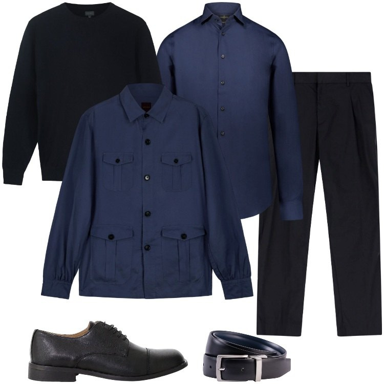 Outfit uomo - Nero & Blu. Stile Trendy per Ufficio. Abbinamento con pantaloni, scarpe stringate, camicie, cappotti, maglieria, cinture.