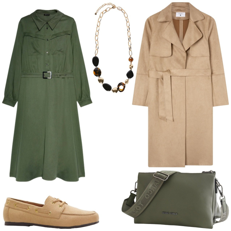 Outfit donna - Trench con vestito. Stile Casual per Tutti i giorni. Abbinamento con mocassini, borse a tracolla, trench, vestiti lunghi, collane.