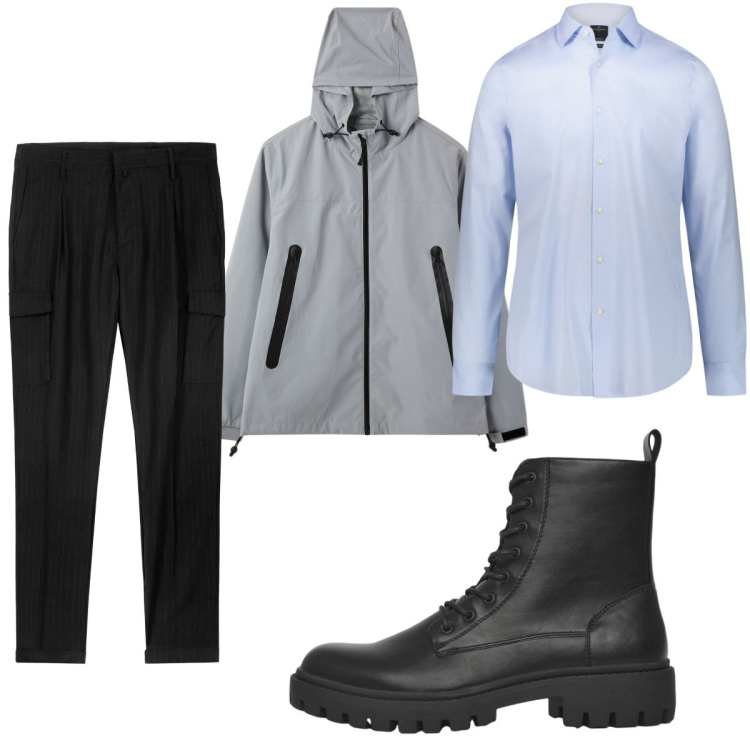 Outfit uomo - Total look #2250684. Stile Trendy per Tutti i giorni. Abbinamento con anfibi, giacche, pantaloni cargo, camicie.