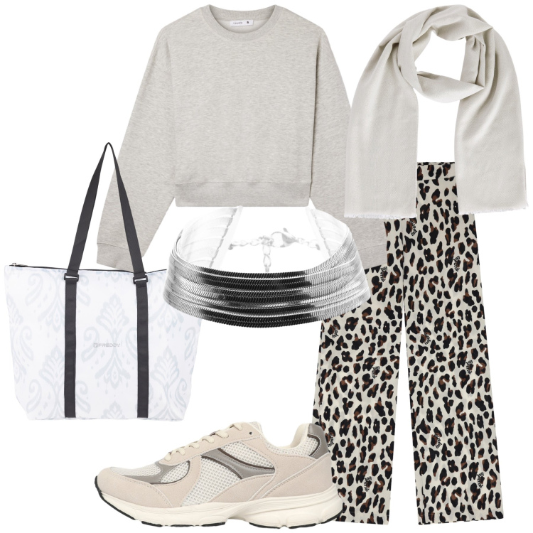 Outfit donna - Sabato mattina. Stile Casual chic per Tutti i giorni. Abbinamento con foulard, sneakers, felpe, pantaloni a palazzo, shopping bag, braccialetti.