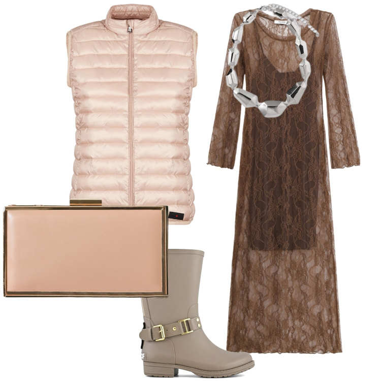 Outfit donna - Serata piovosa. Stile Trendy per Serata fuori. Abbinamento con pochette, vestiti lunghi, piumini, stivali, ciondoli.
