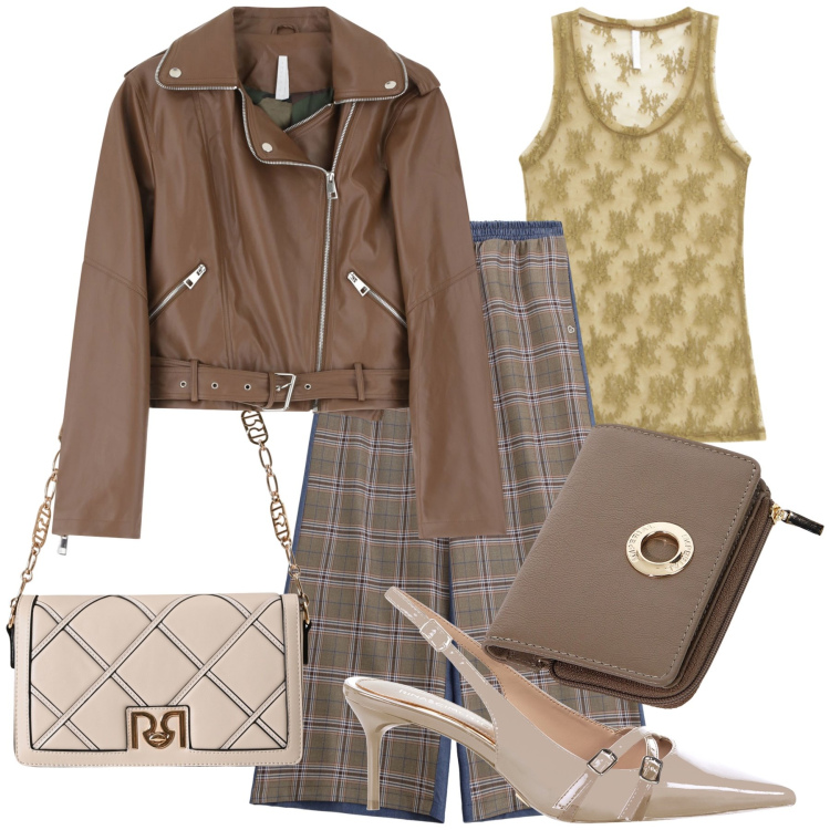 Outfit donna - Con amici al cinema dí sabato. Stile Urban per Tutti i giorni. Abbinamento con borse a tracolla, décolleté, pantaloni a palazzo, portafogli, giacche, canottiere.