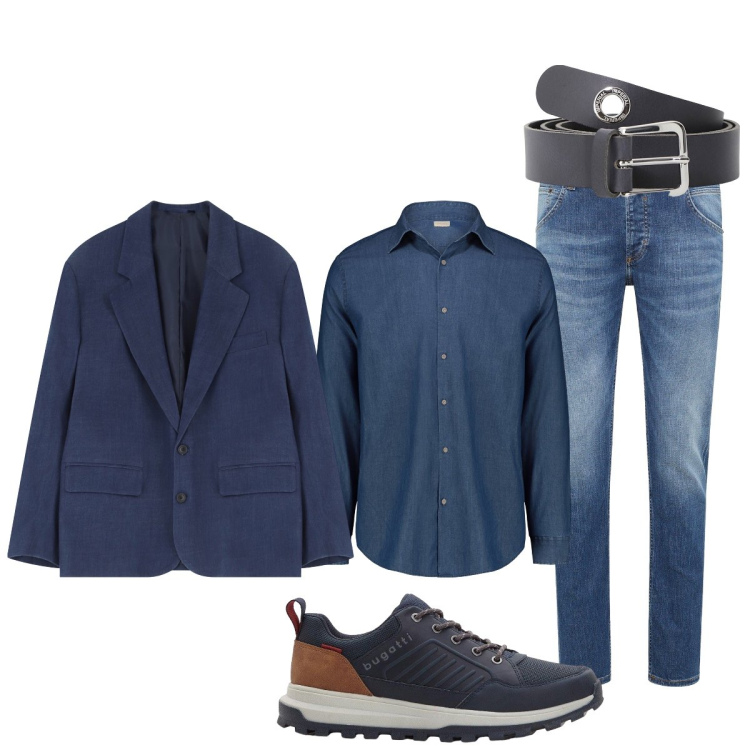 Outfit uomo - Casual in ufficio. Stile Casual per Ufficio. Abbinamento con jeans dritti, sneakers, giacche, cinture, camicie.