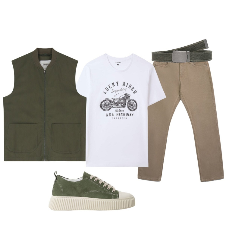 Outfit uomo - Con gli amici. Stile Casual per Serata speciale. Abbinamento con t-shirt, cinture, jeans, sneakers, gilet.