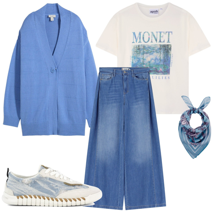 Outfit donna - Casual style. Stile Casual per Tutti i giorni. Abbinamento con foulard, cardigans, t-shirt, jeans, sneakers.