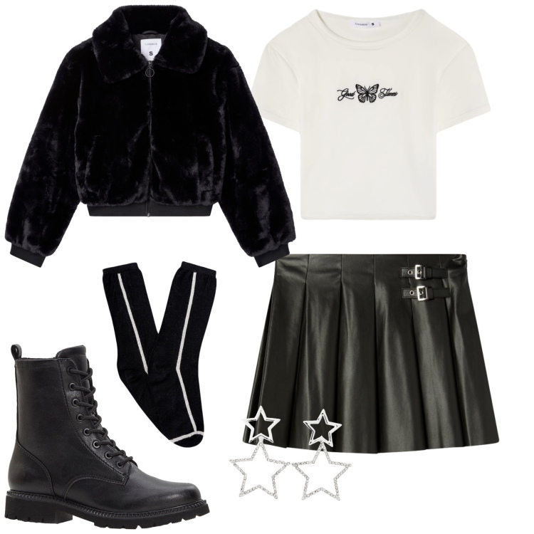 Outfit donna - Terranova. Stile Casual per Tutti i giorni. Abbinamento con stivaletti, orecchini, minigonne, ecopellicce, t-shirt, calzini.