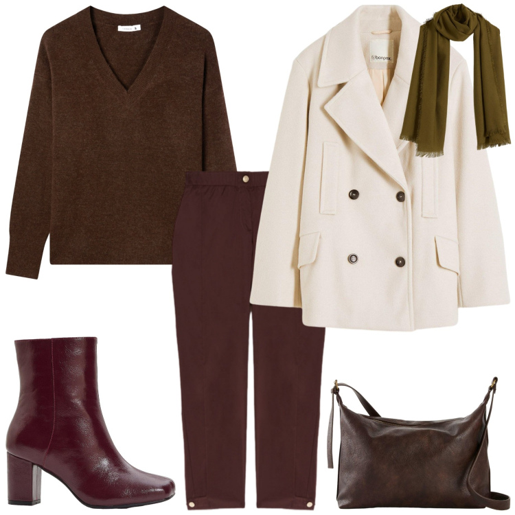 Outfit donna - Autunno. Stile Urban per Ufficio. Abbinamento con caban, borse a tracolla, sciarpe, stivaletti, maglieria, pantaloni.