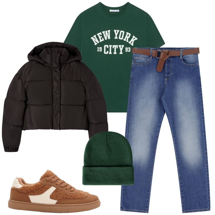 Outfit donna - Fall. Stile Casual per Tutti i giorni. Abbinamento con sneakers, bomber, berretti, t-shirt, jeans dritti.
