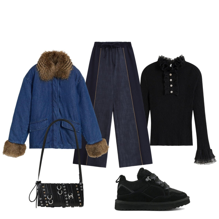Outfit donna - La giacca in denim con la pelliccia. Stile Casual chic per Tutti i giorni. Abbinamento con maglieria, blazer, borse a spalla, pantaloni a palazzo, sneakers alte.