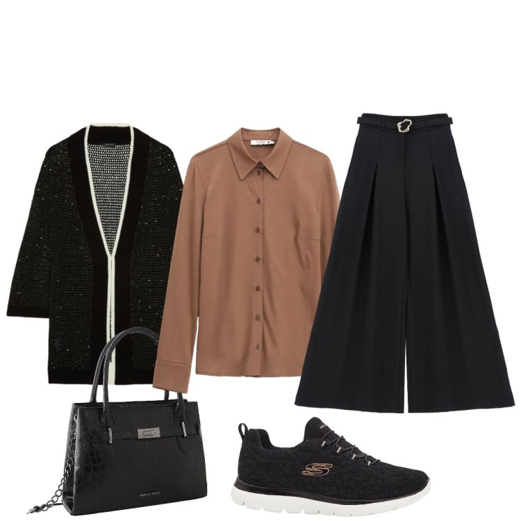 Outfit donna - In città. Stile Casual chic per Tutti i giorni. Abbinamento con sneakers, borse a mano, camicie, pantaloni, cardigans.