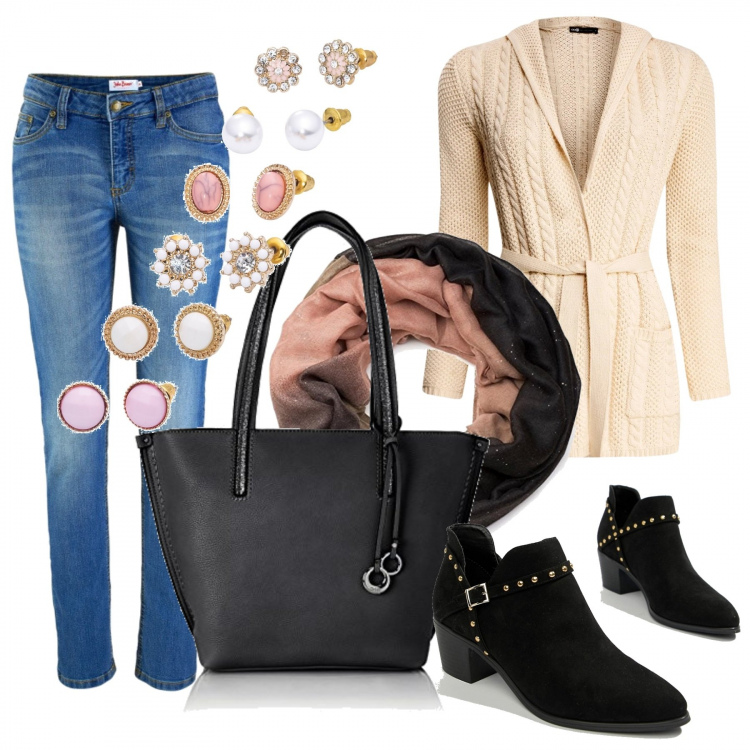 Outfit donna - Piccoli accessori. Stile Basic per Tutti i giorni. Abbinamento con jeans skinny, orecchini, cardigan a portafoglio con cintura e cappuccio avorio, stivaletti con borchie nero e oro, borsa a spalla tote nero, sciarpa.