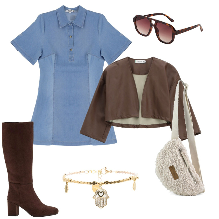 Outfit donna - A scuola. Stile Sporty chic per Scuola/Università. Abbinamento con occhiali da sole, stivali, vestiti corti, giacche, braccialetti, marsupi.