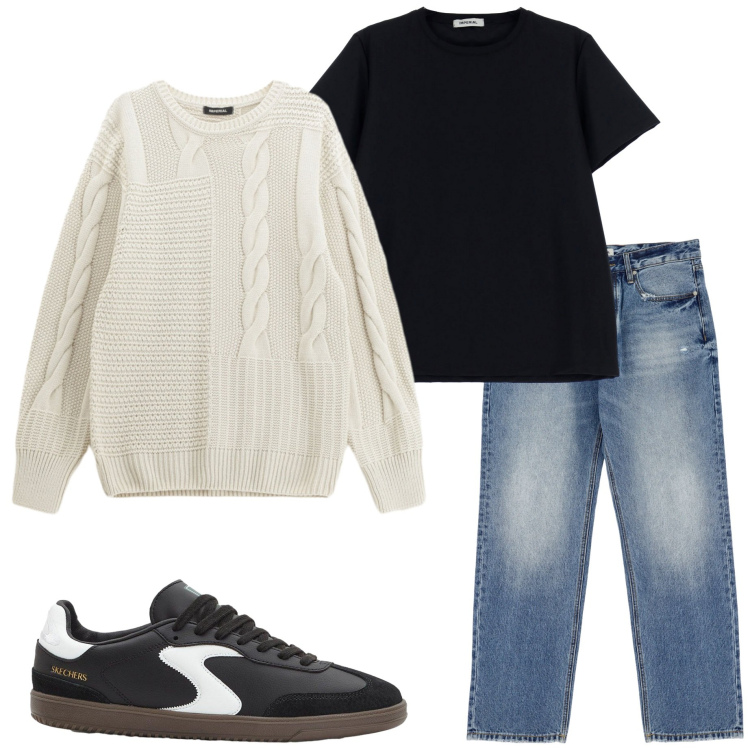 Outfit uomo - Casual style. Stile Casual per Tutti i giorni. Abbinamento con sneakers, jeans, maglieria, t-shirt.