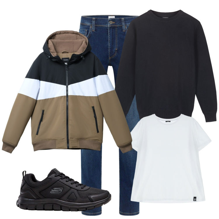 Outfit uomo - Stratificato. Stile Casual per Tutti i giorni. Abbinamento con jeans dritti, sneakers, piumini, t-shirt, maglieria.