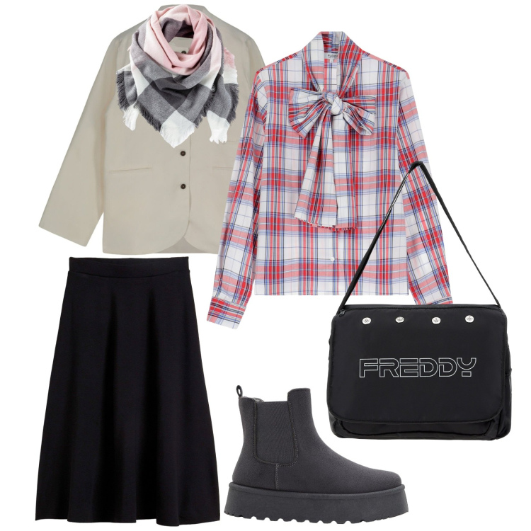 Outfit donna - Visita ai musei. per Tutti i giorni. Abbinamento con foulard, gonne longuette, stivaletti chelsea, camicie, borse messenger, blazer.