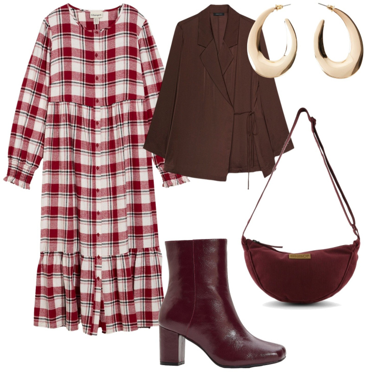 Outfit donna - Autunno. per Tutti i giorni. Abbinamento con orecchini, vestiti midi/longuette, stivaletti, blazer, borse a tracolla.