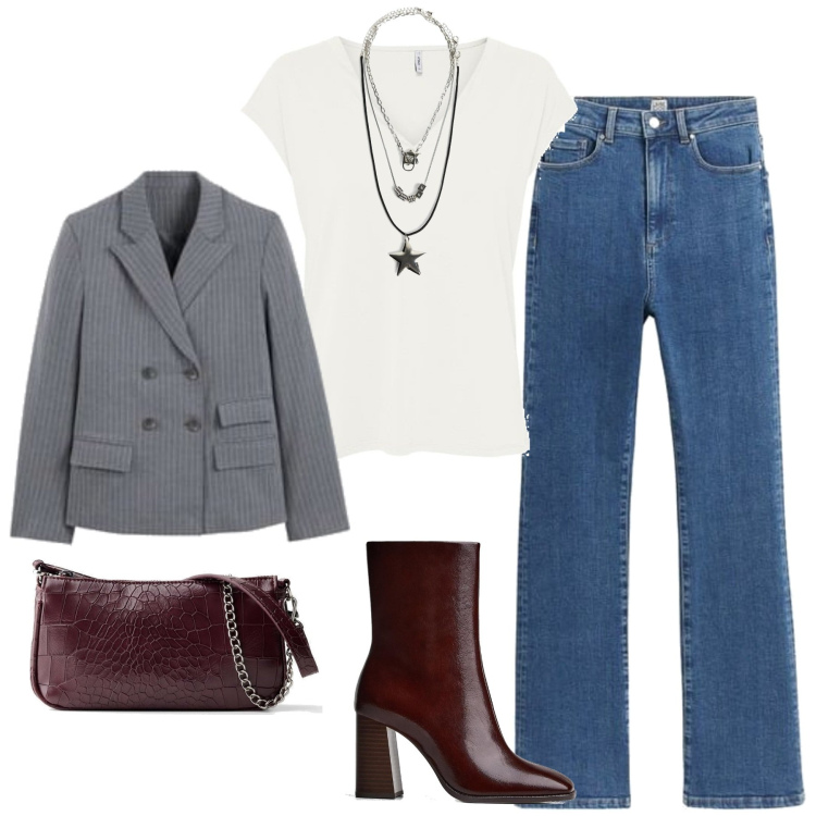 Outfit mujer - Casual chic #15695. Estilo Casual chic para Oficina. Combinación con blazers, botines, collares, camiseta, vaqueros bootcut, bolsos de mano.