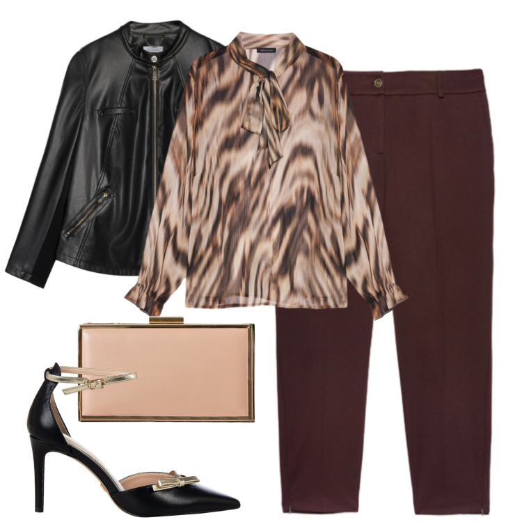 Outfit donna - Fiorella Rubino. Stile Urban per Tutti i giorni. Abbinamento con décolleté, pochette, pantaloni, blazer, bluse.