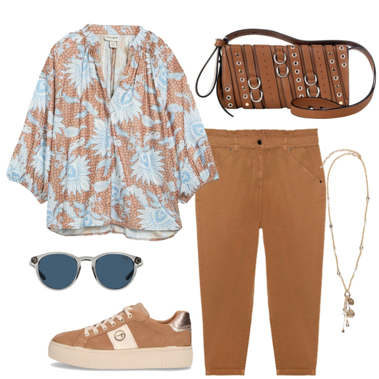 Outfit donna - Total look #2250778. Stile Casual chic per Tutti i giorni. Abbinamento con bluse, borse a spalla, occhiali da sole, sneakers, pantaloni, ciondoli.