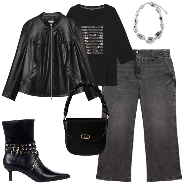 Outfit donna - City. Stile Casual chic per Tutti i giorni. Abbinamento con stivaletti, borse a mano, blazer, jeans, t-shirt, ciondoli.