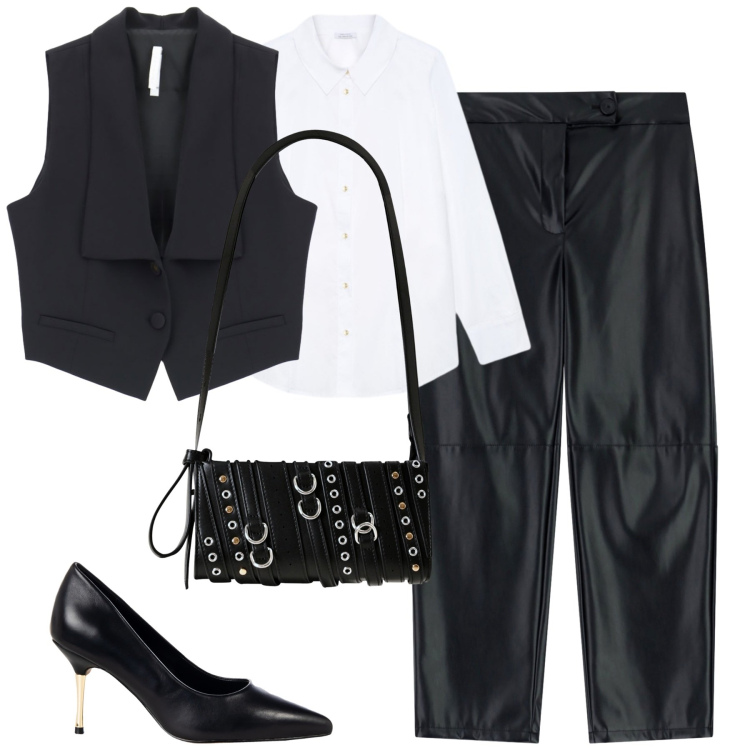 Outfit donna - Curvy fall. Stile Trendy per Tutti i giorni. Abbinamento con borse a spalla, décolleté, gilet, pantaloni, camicie.