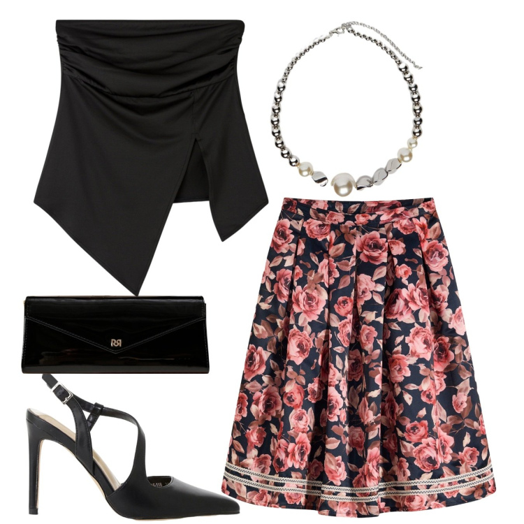 Outfit donna - Metti una sera a cena. Stile Romantica per Serata fuori. Abbinamento con gonne, top, pochette, décolleté, collane.
