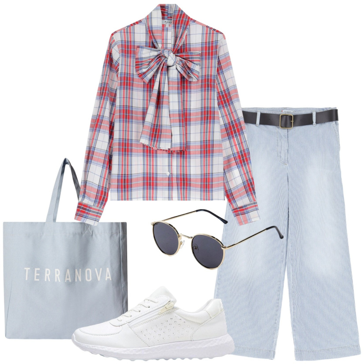 Outfit donna - Total look #2250791. Stile Casual per Tutti i giorni. Abbinamento con sneakers, occhiali da sole, borse tote, camicie, pantaloni.