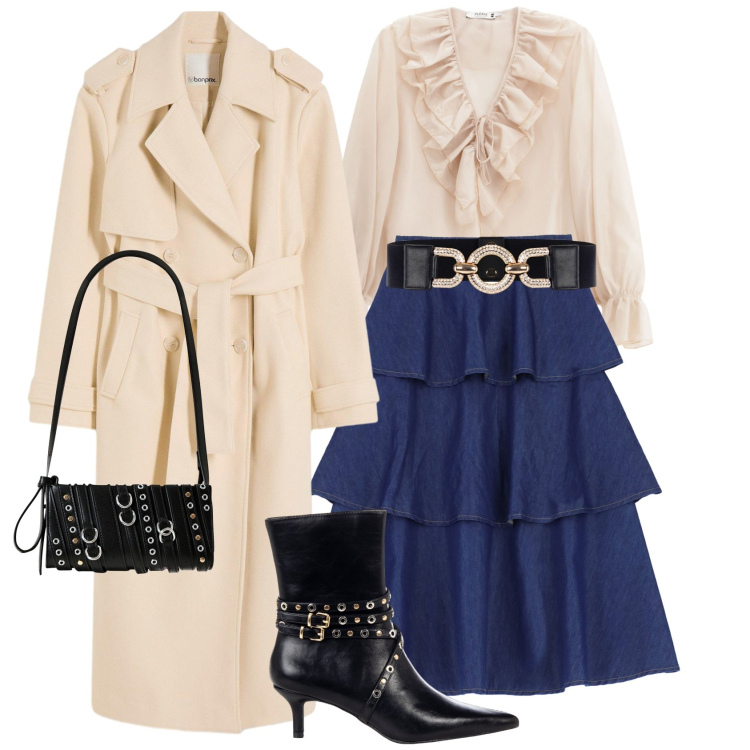 Outfit donna - Tra Boho e chic. Stile Boho per Tutti i giorni. Abbinamento con trench, stivaletti, cinture, borse a spalla, gonne lunghe, camicie.