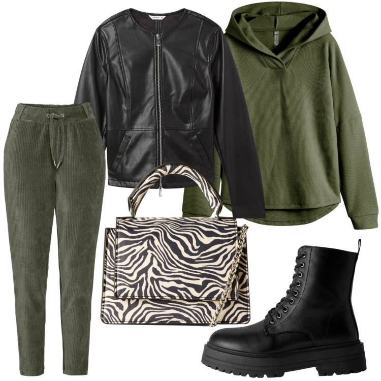 Outfit donna - La borsa effetto zebrato. Stile Military per Scuola/Università. Abbinamento con pantaloni, felpe, blazer, borse a tracolla, anfibi.