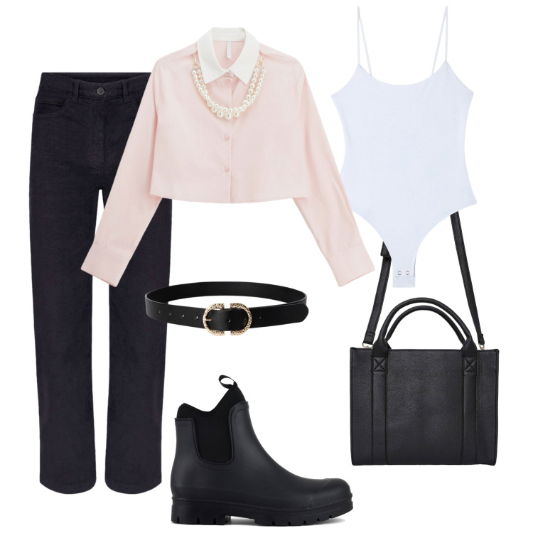 Outfit donna - Office Power. Stile Casual chic per Ufficio. Abbinamento con borse tote, cinture, body, camicie, stivali, pantaloni.