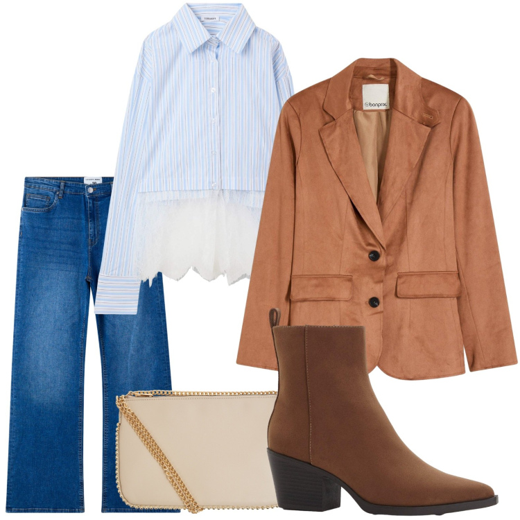 Outfit donna - Il blazer scamosciato. Stile Minimal per Ufficio. Abbinamento con stivaletti texani, blazer, borse a tracolla, camicie, jeans a zampa.