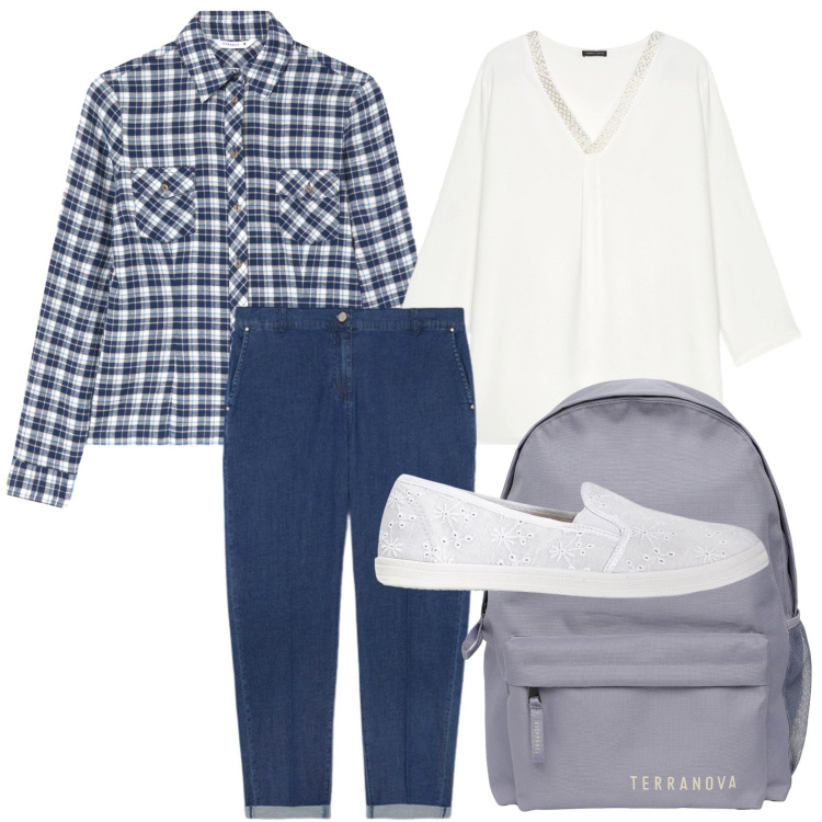 Outfit donna - Look minimal. Stile Minimal per Scuola/Università. Abbinamento con ballerine, zaini, camicie, t-shirt, jeans dritti.