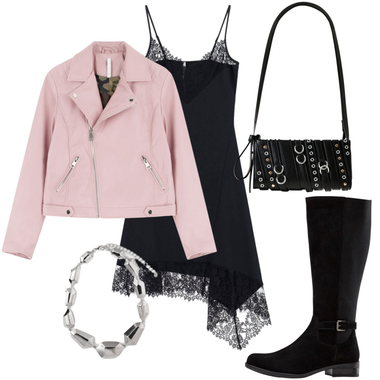 Outfit donna - Occasione serale. Stile Glamour per Serata fuori. Abbinamento con stivali, borse a spalla, blazer, vestiti asimmetrici, ciondoli.