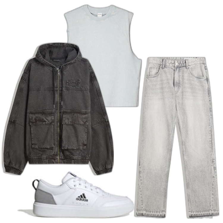 Outfit hombre - Casual look. Estilo Casual para Todos los días. Combinación con camisetas sin mangas, chaquetas, vaqueros rectos, sneakers.
