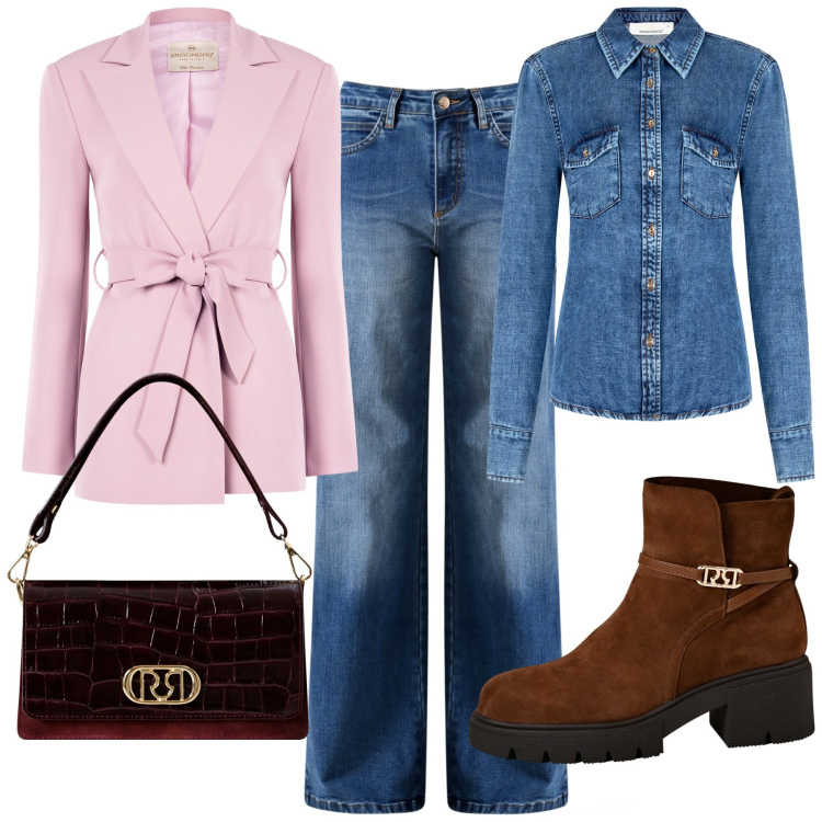 Outfit donna - Rinascimento pochi pezzi. Stile Casual chic per Serata fuori. Abbinamento con blazer, camicie, jeans, stivaletti, borse a mano.