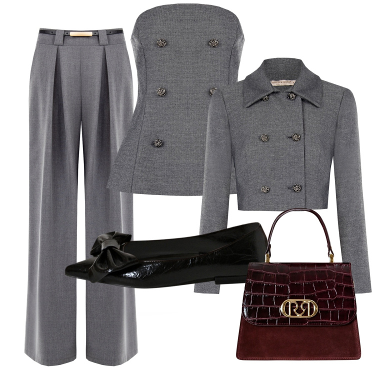 Outfit donna - Rinascimento pochi pezzi. Stile Casual chic per Serata fuori. Abbinamento con pantaloni a palazzo, blazer, ballerine, borse a mano, top.