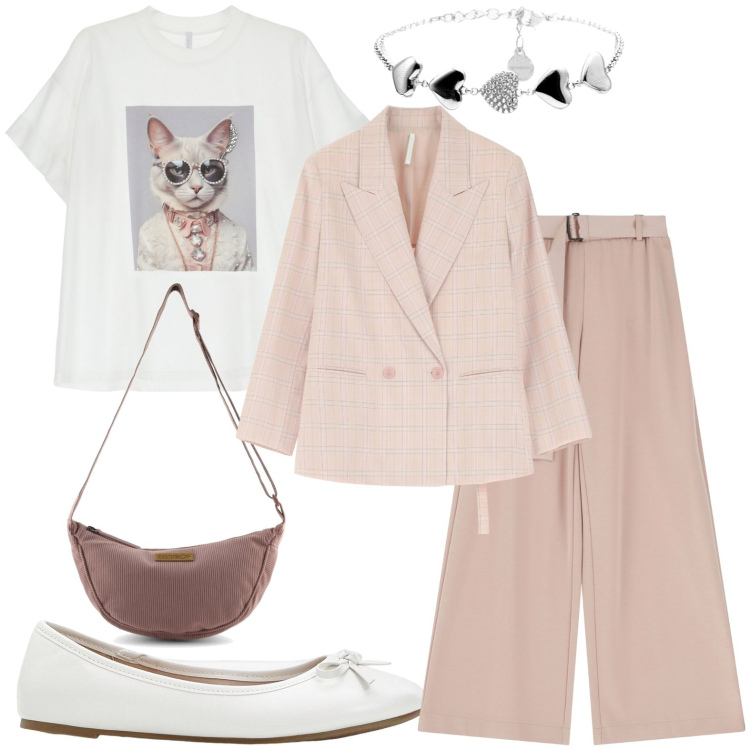 Outfit donna - Love cat. Stile Casual chic per Tutti i giorni. Abbinamento con ballerine, blazer, t-shirt, pantaloni, braccialetti, borse a tracolla.