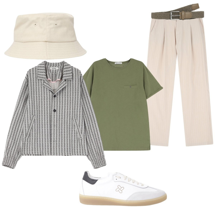 Outfit uomo - Ricordi d’estate. Stile Trendy per Tutti i giorni. Abbinamento con cappelli, cinture, pantaloni, cappotti, t-shirt, sneakers.