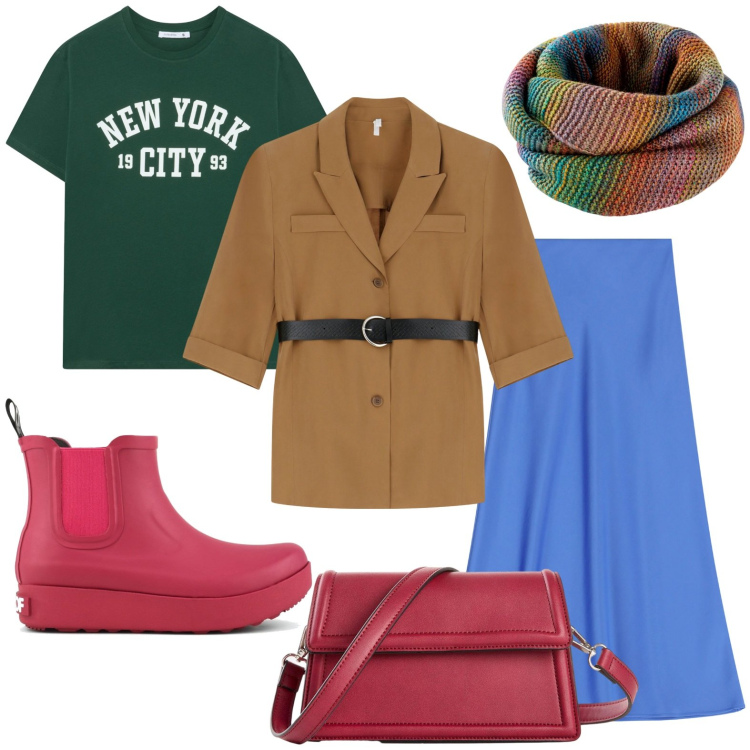 Outfit donna - La sciarpa filo conduttore. Stile Casual chic per Tutti i giorni. Abbinamento con foulard, borse a tracolla, t-shirt, gonne lunghe, blazer, stivali.