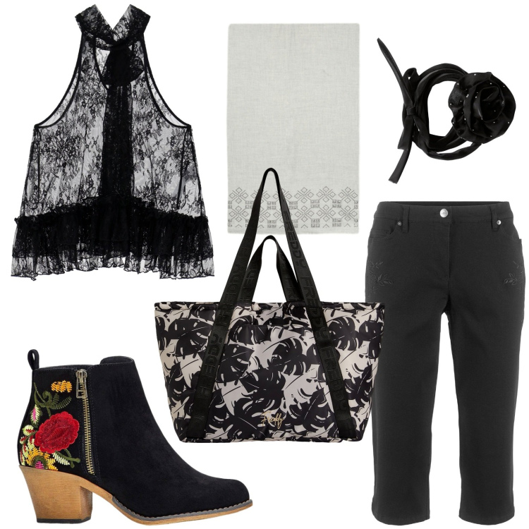 Outfit donna - Flowers. Stile Chic per Tutti i giorni. Abbinamento con stivaletti, jeans slim fit, collane, top, shopping bag, sciarpe.