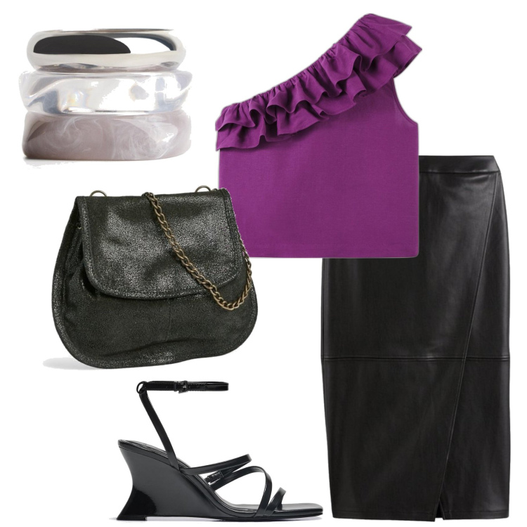 Outfit mujer - Glamorous. Estilo Glamour para Noche/Fiesta elegante. Combinación con faldas largas, top, sandalias de tacón, bolsos de mano, pulseras.
