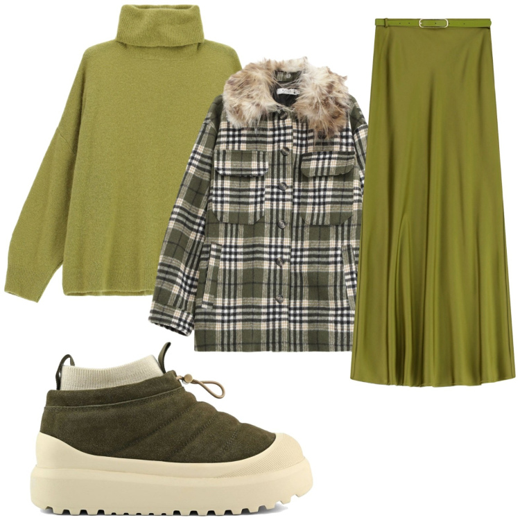 Outfit donna - Verde in love. Stile Glamour per Serata fuori. Abbinamento con cappotti, gonne lunghe, maglieria, stivaletti.