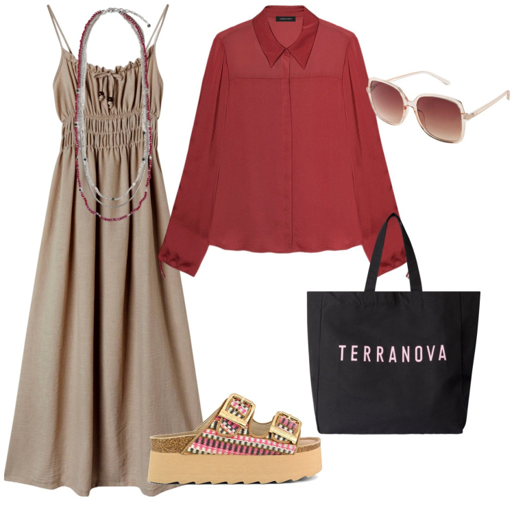 Outfit donna - Ultimi giorni al mare. per Mare. Abbinamento con occhiali da sole, vestiti lunghi, borse tote, sandali, camicie, collane.