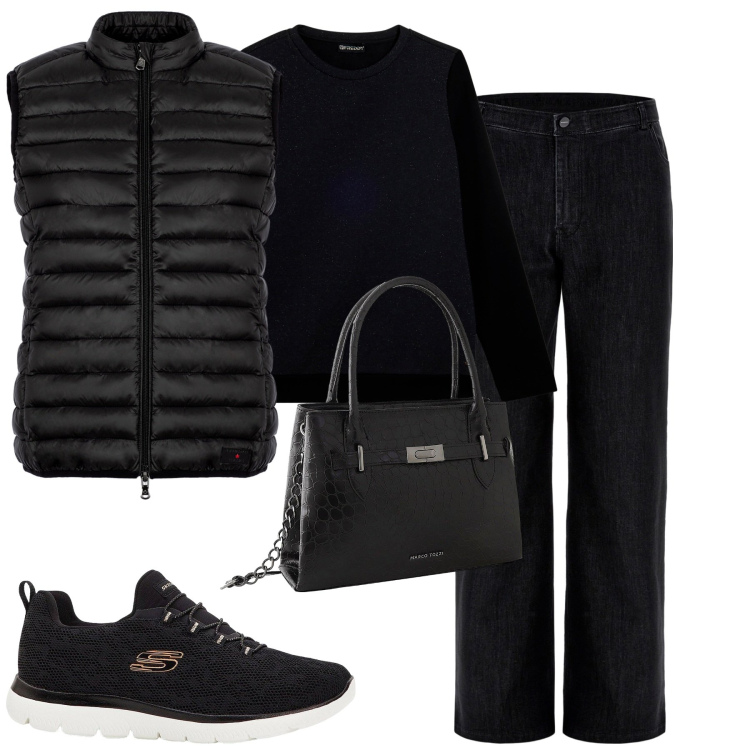 Outfit donna - Total black. Stile Casual per Tutti i giorni. Abbinamento con sneakers, borse a mano, jeans, felpe, piumini.