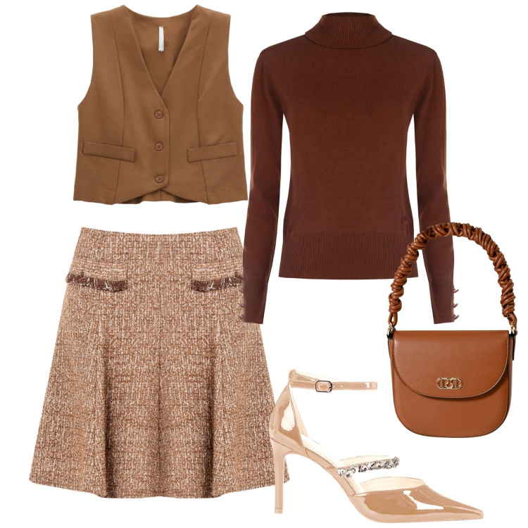 Outfit donna - Rinascimento. Stile Chic per Tutti i giorni. Abbinamento con minigonne, maglieria, borse a mano, décolleté, gilet.