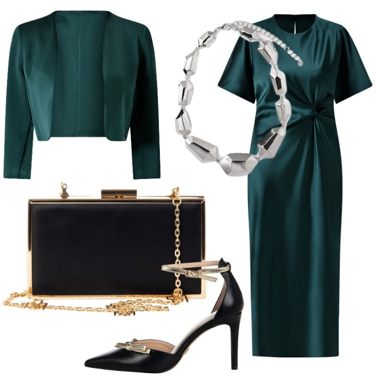 Outfit donna - Serata al ristorante gourmet. Stile Chic per Serata fuori. Abbinamento con vestiti midi/longuette, décolleté, pochette, bolero, ciondoli.