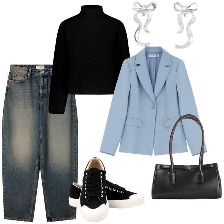 Outfit donna - Urban. per Tutti i giorni. Abbinamento con borse a mano, jeans, orecchini, blazer, maglieria, sneakers.