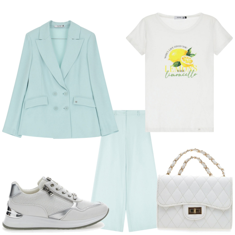 Outfit donna - Lemon. Stile Sporty chic per Ufficio. Abbinamento con blazer, pantaloni, t-shirt, borse a tracolla, sneakers.