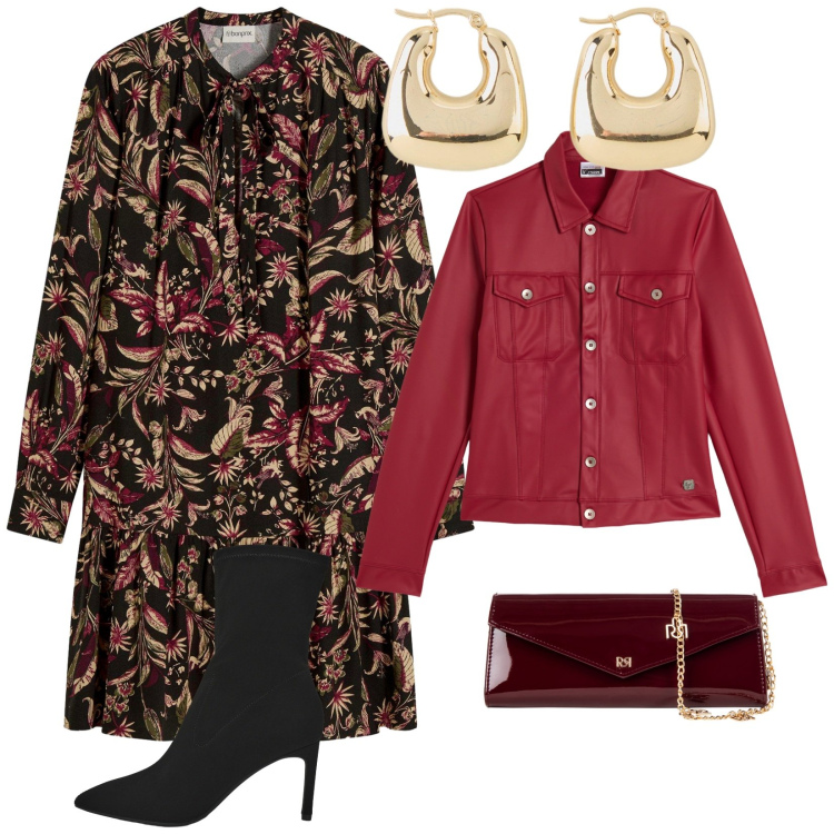 Outfit donna - Cena fuori. per Serata fuori. Abbinamento con orecchini, vestiti midi/longuette, stivali, pochette, giacche.