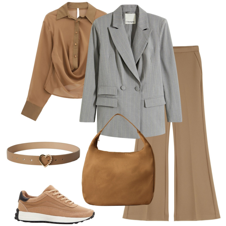 Outfit donna - Monochrome e un tocco di grigio. Stile Sporty chic per Tutti i giorni. Abbinamento con sneakers, blazer, cinture, borse a mano, pantaloni, camicie.